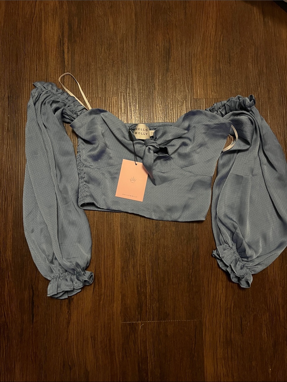 Hello Molly Dusty Blue Puff Sleeve Knot Front Crop Top